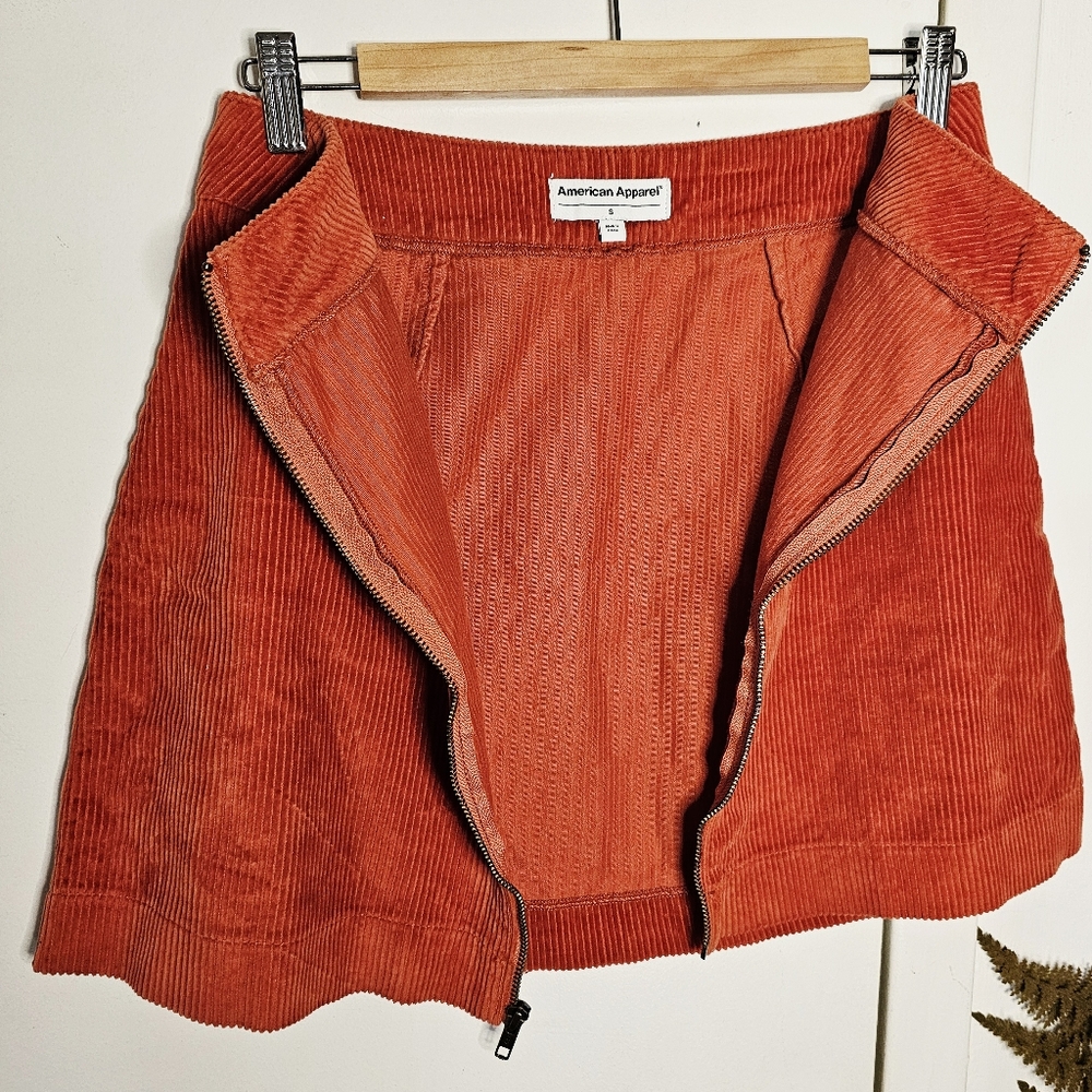 American Apparel Orange Corduroy Front Zip High Waist Mini Skirt - Picture 6 of 15
